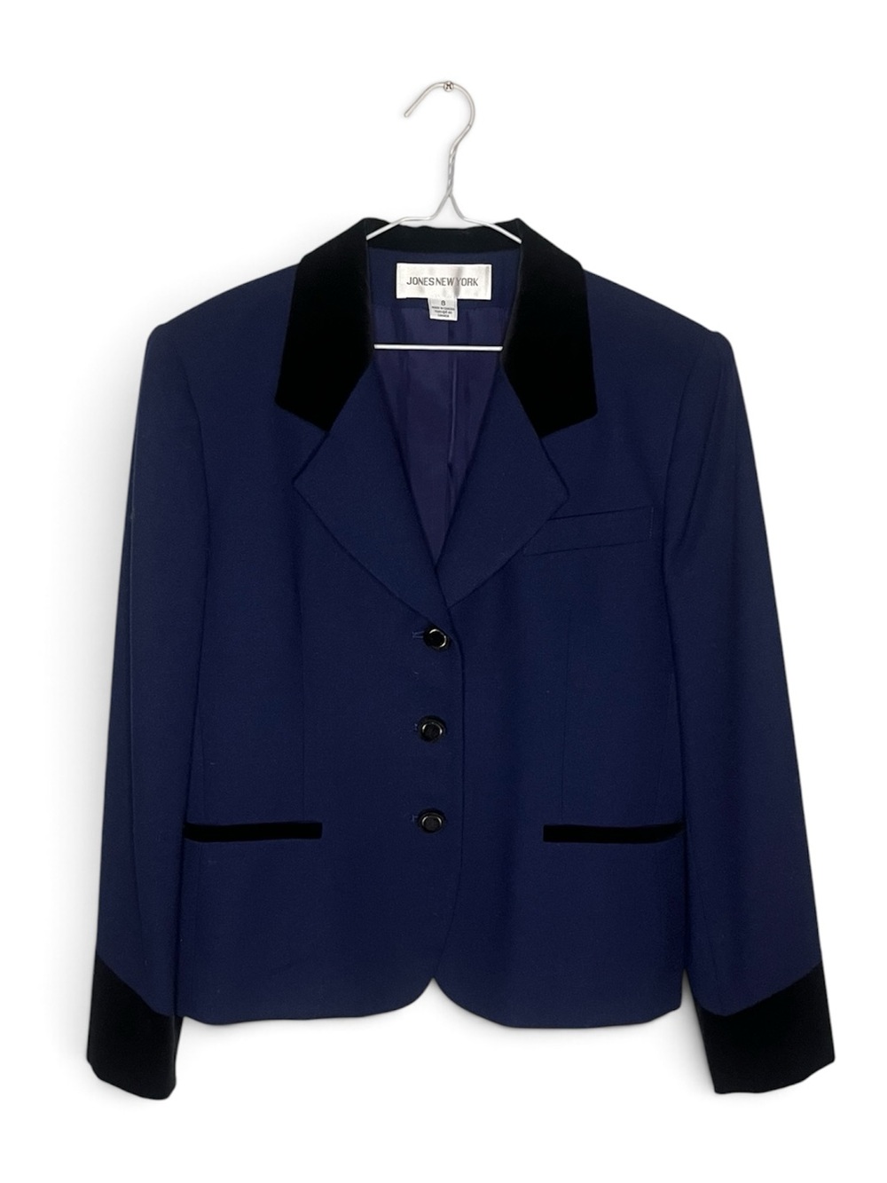 Jones New York Navy Blazer with Black Velvet Trim